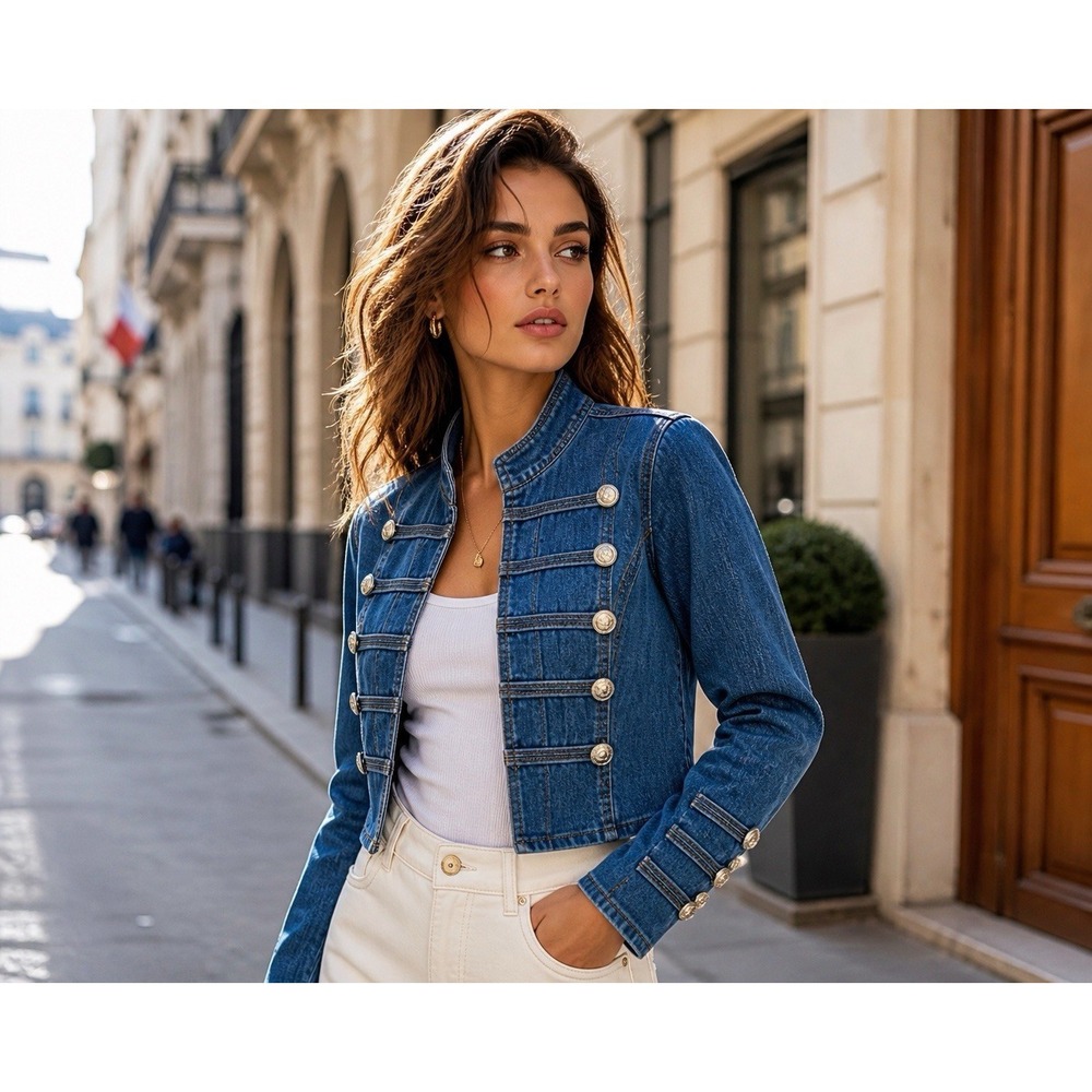 NWT Ursime Denim Military Jacket Sz M Blue Jean Blazer Silver Buttons Cropped